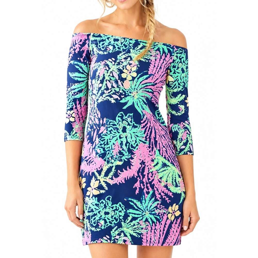 Lilly Pulitzer Laurana Off Shoulder Mini Dress in Indigo All A Glow Floral sz XS